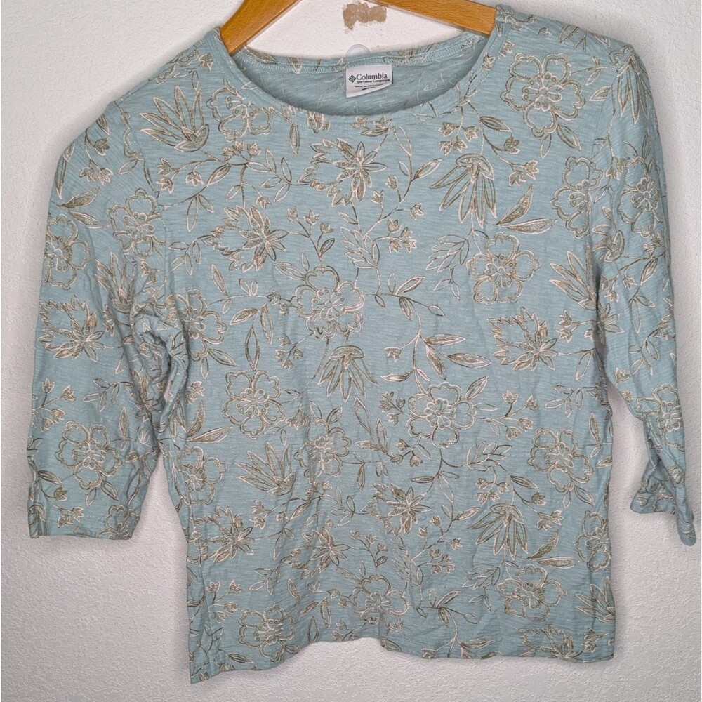 Columbia Womens Shirt Blue Floral 3/4 Sleeve Scoop Neck Cotton Size Medium (616)